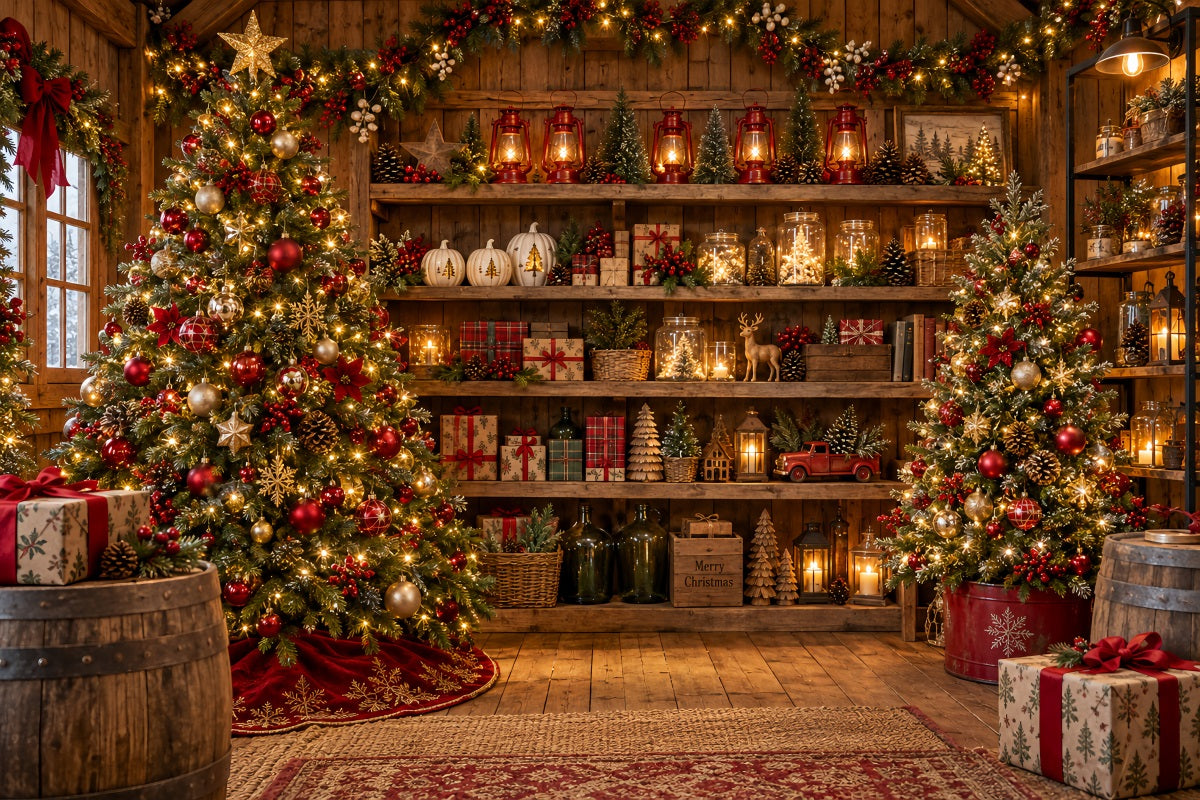 Christmas Store Backdrop Rustic Festive Wooden Shelves Christmas Backdrop for Pictures UK LXX610-165