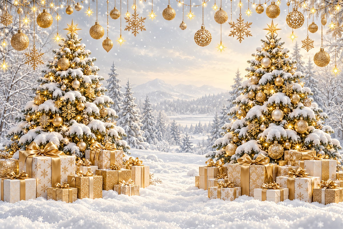 Christmas Backdrop for Photos Golden Sunset Snowy Forest Christmas Card Backdrop UK LXX610-171