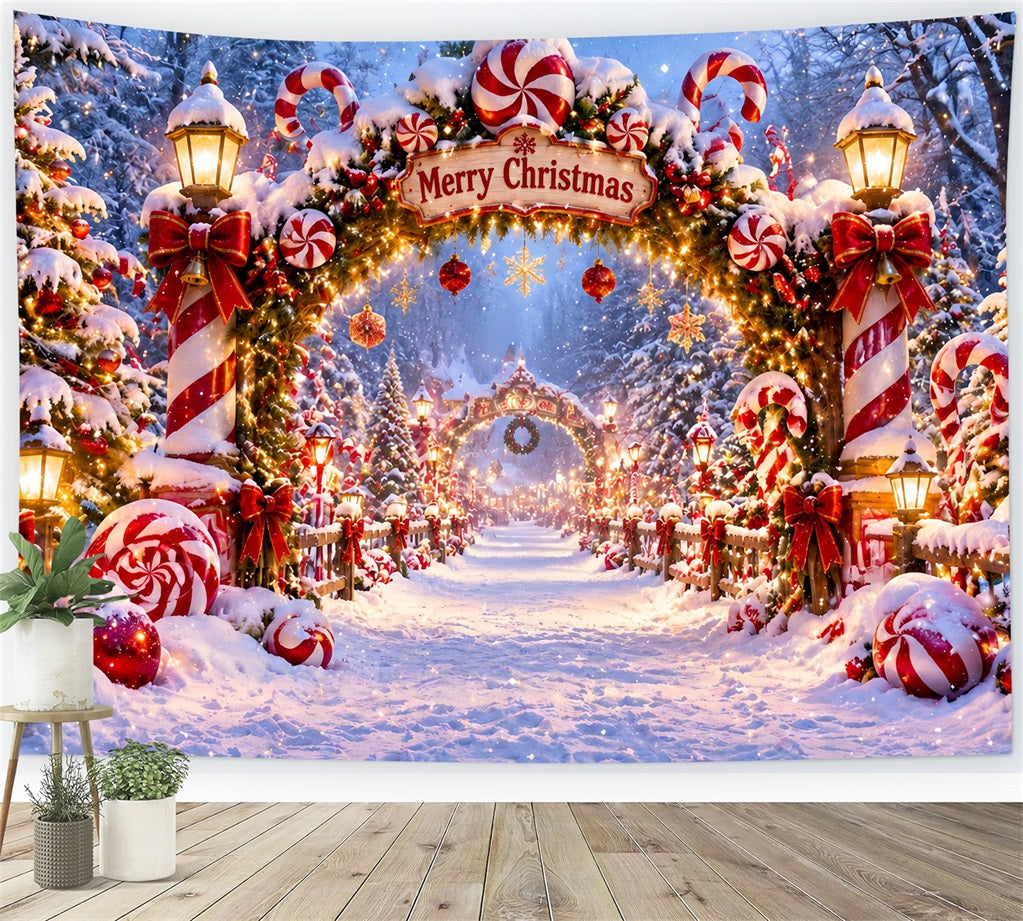 Christmas Candy Cane Backdrop Peppermint Wreath Snowy Gateway Christmas Backdrops for Stage UK LXX610-176