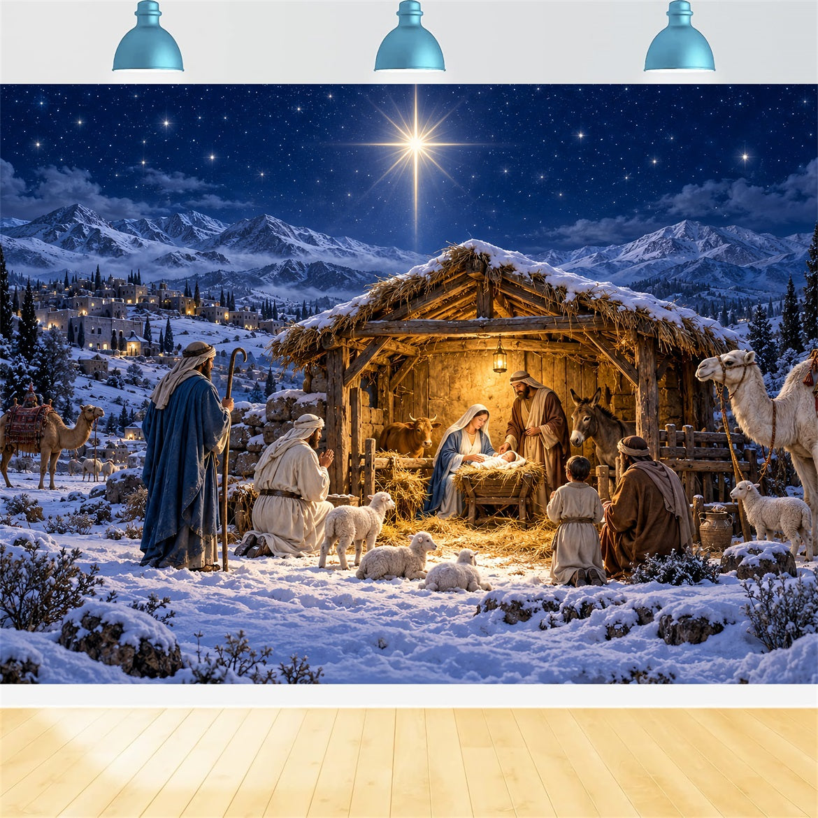 Nativity Scene Backdrop Bethlehem Star Snowy Mountain Christmas Manger Backdrop UK LXX610-181