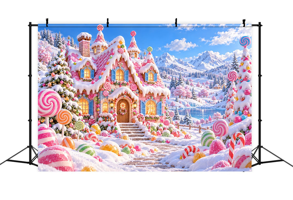 Gingerbread House Backdrop Pink Candy Cottage Wonderland Christmas Wall Backdrops UK LXX610-182