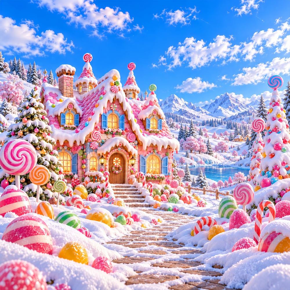 Gingerbread House Backdrop Pink Candy Cottage Wonderland Christmas Wall Backdrops UK LXX610-182
