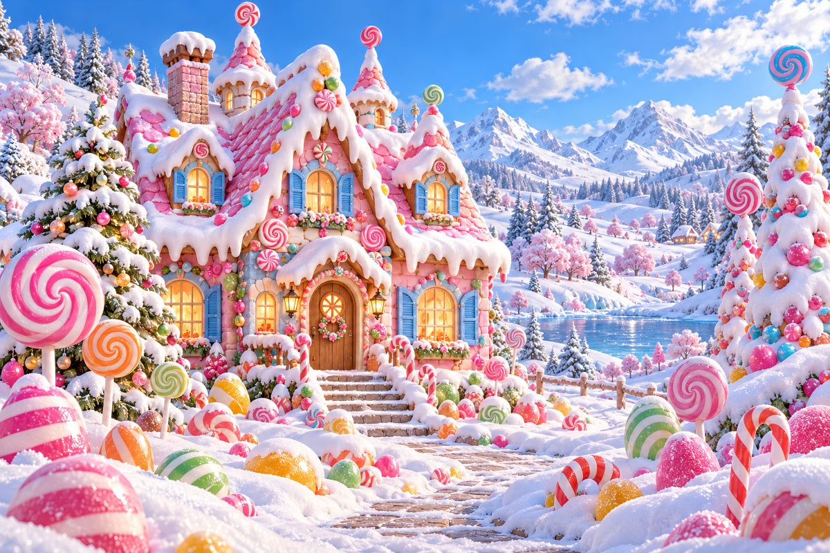 Gingerbread House Backdrop Pink Candy Cottage Wonderland Christmas Wall Backdrops UK LXX610-182