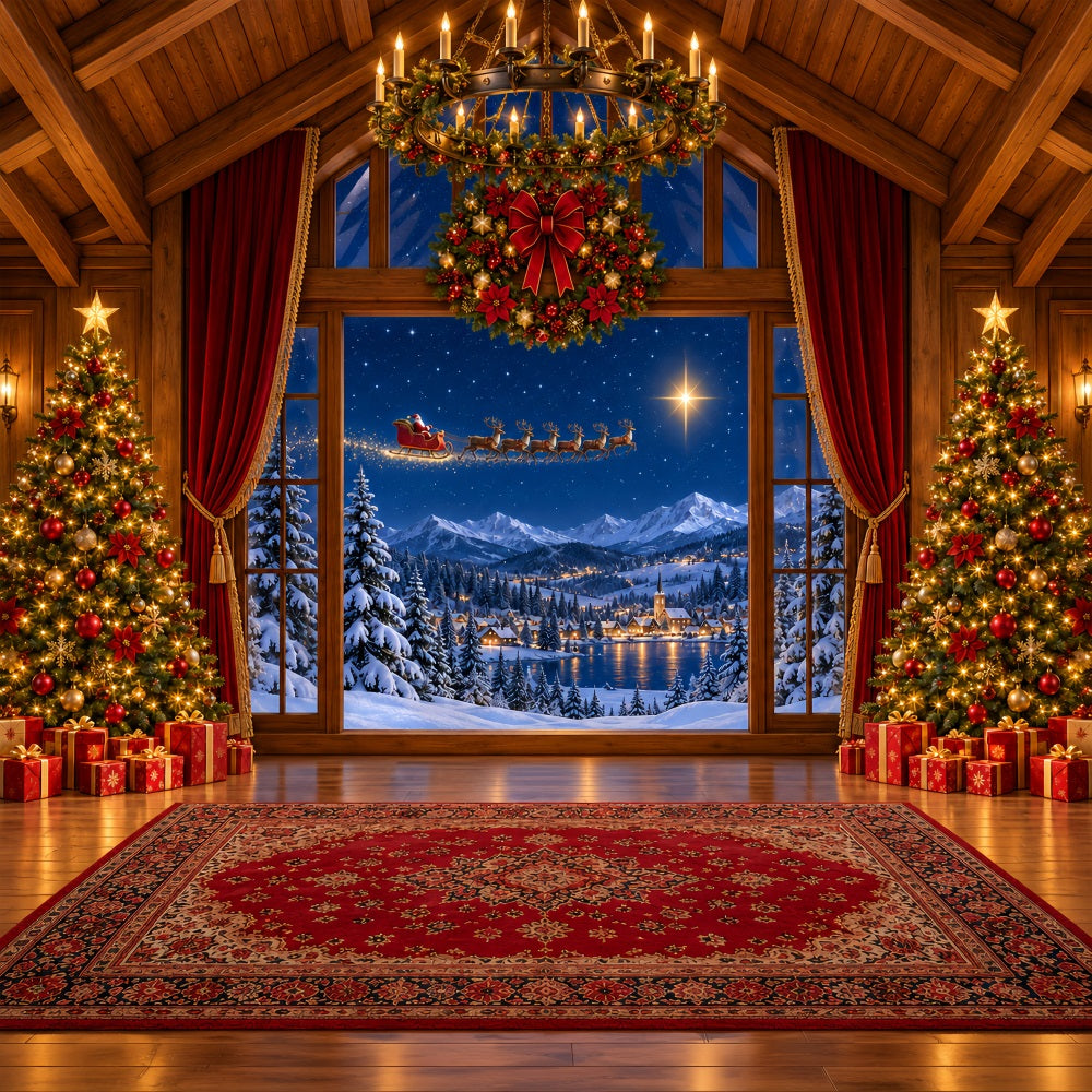 Santa Backdrop Window Sleigh Winter Village Christmas Scene Backdrops UK LXX610-183