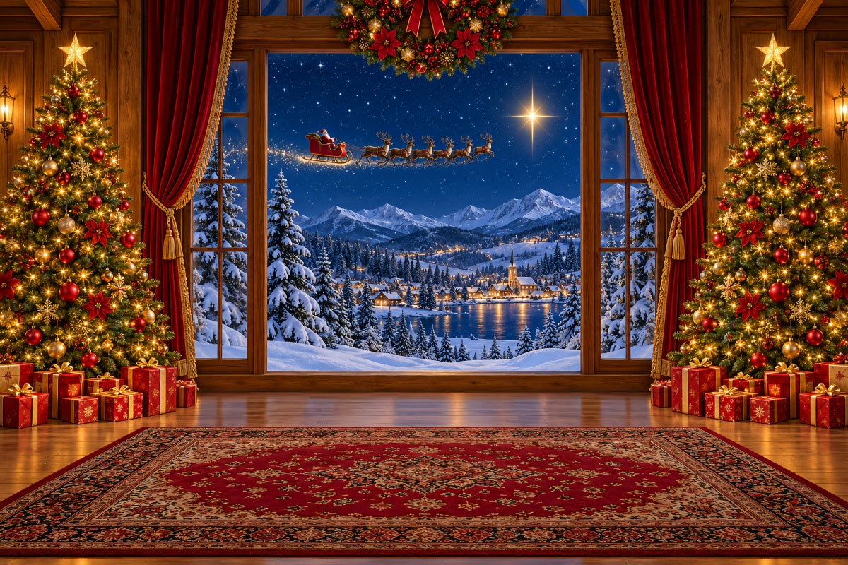 Santa Backdrop Window Sleigh Winter Village Christmas Scene Backdrops UK LXX610-183