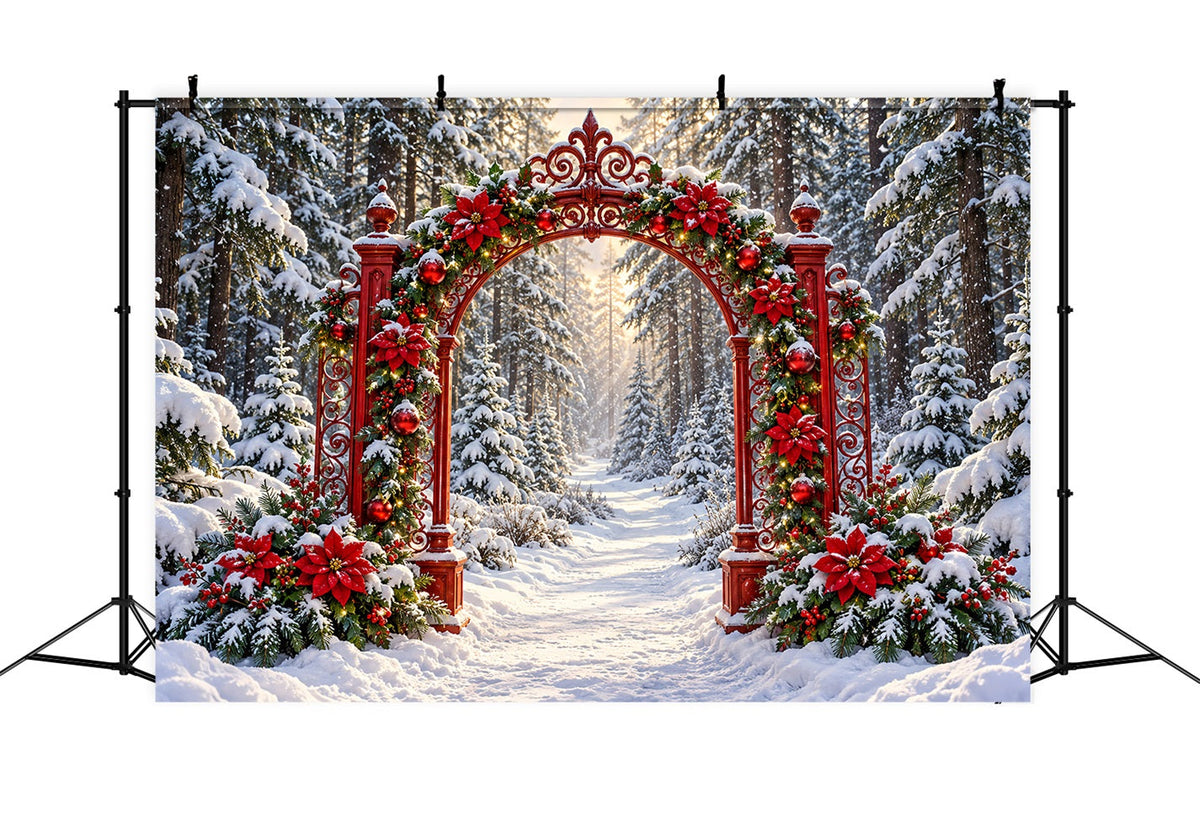 Snowy Christmas Backdrop Red Poinsettia Forest Arch Christmas Studio Backdrop UK LXX610-187