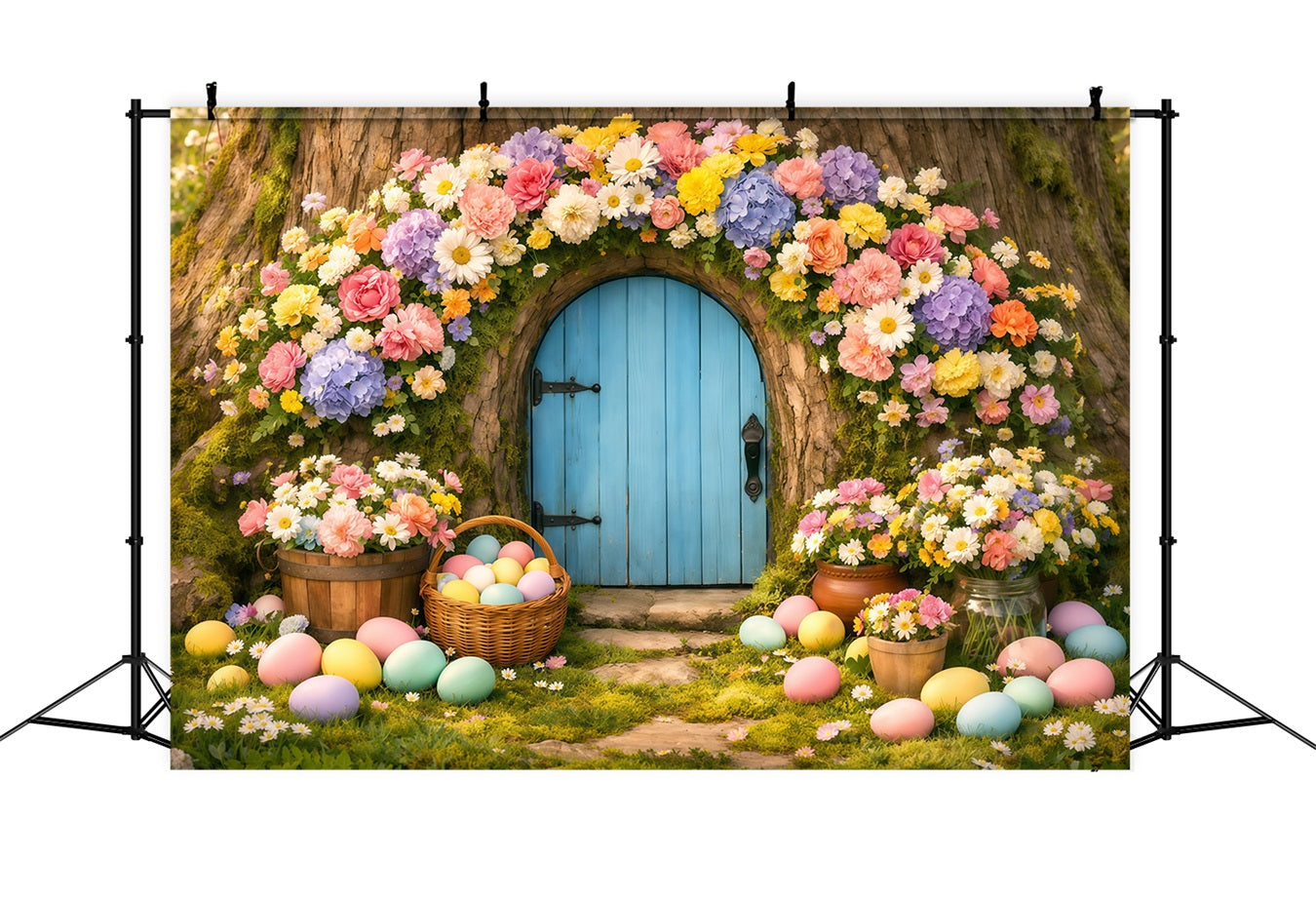 Easter Eggs Backdrop Pastel Floral Tree Doorway Easter Backdrop For Photos UK LXX62-49