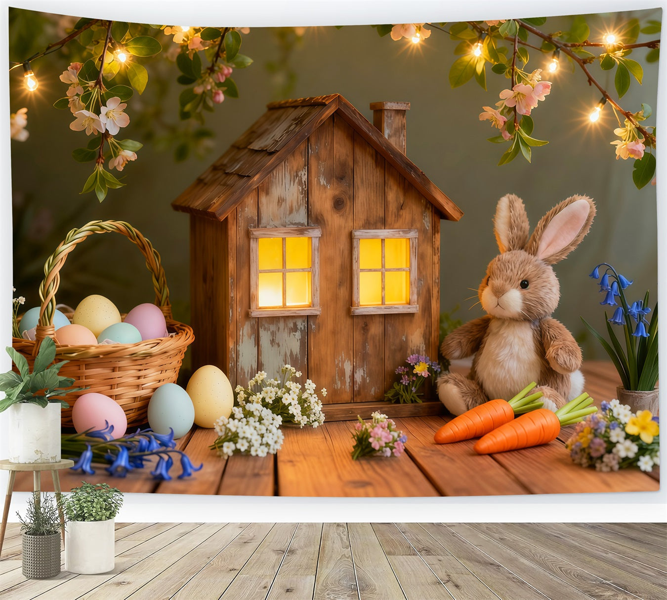 Easter Bunny Backdrop For Photos Rustic Cottage Lights Egg Backdrop For Easter UK LXX62-51