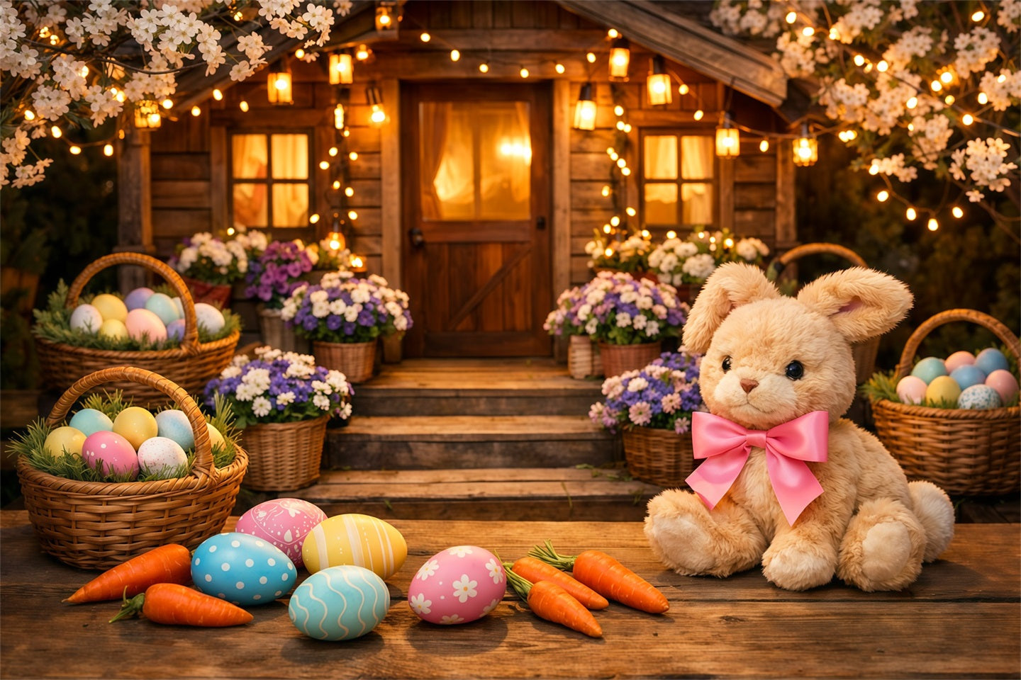Easter Bunny Backdrop For Photos Cherry Blossom Cabin Easter Basket Backdrop For Easter UK LXX62-52