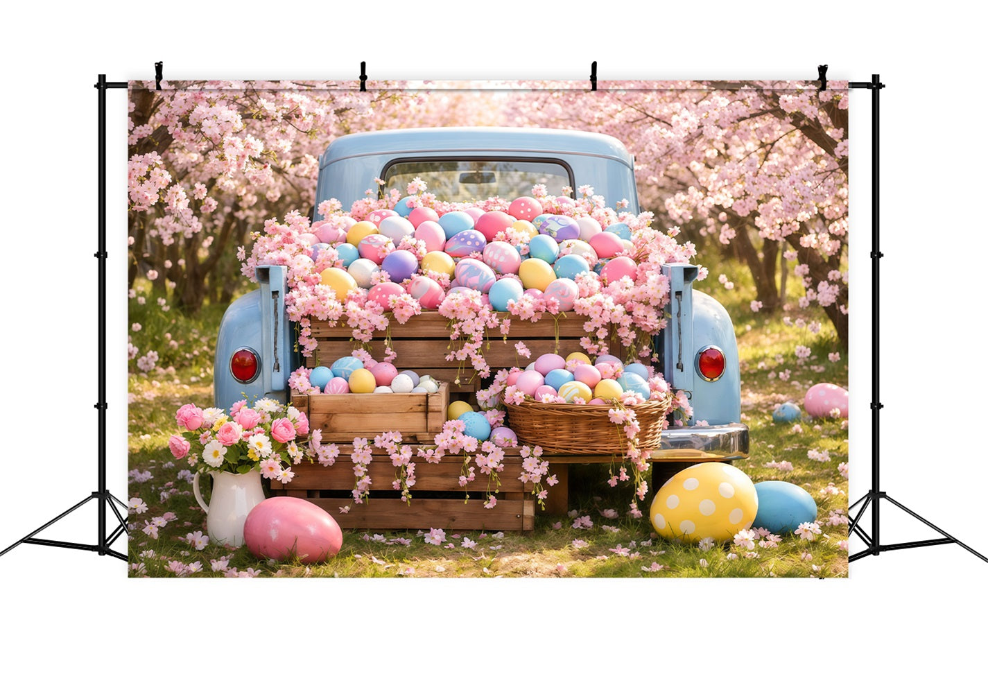 Easter Egg Photo Backdrop Vintage Truck Cherry Blossom Backdrops For Easter UK LXX62-53