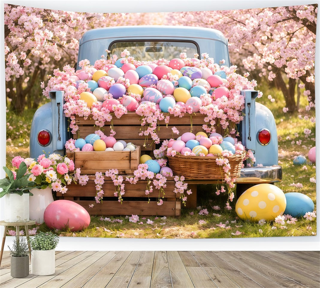 Easter Egg Photo Backdrop Vintage Truck Cherry Blossom Backdrops For Easter UK LXX62-53