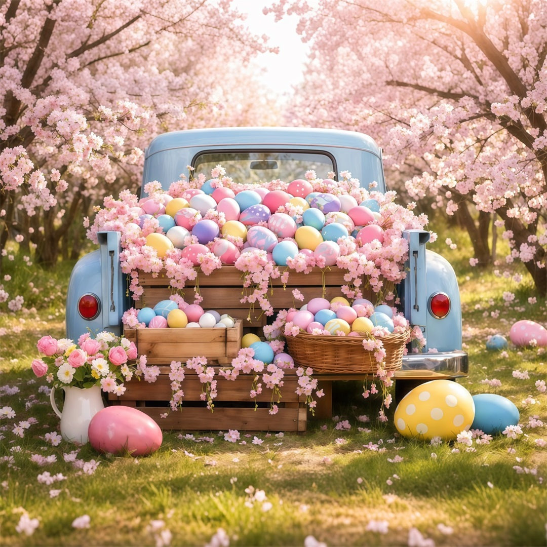 Easter Egg Photo Backdrop Vintage Truck Cherry Blossom Backdrops For Easter UK LXX62-53