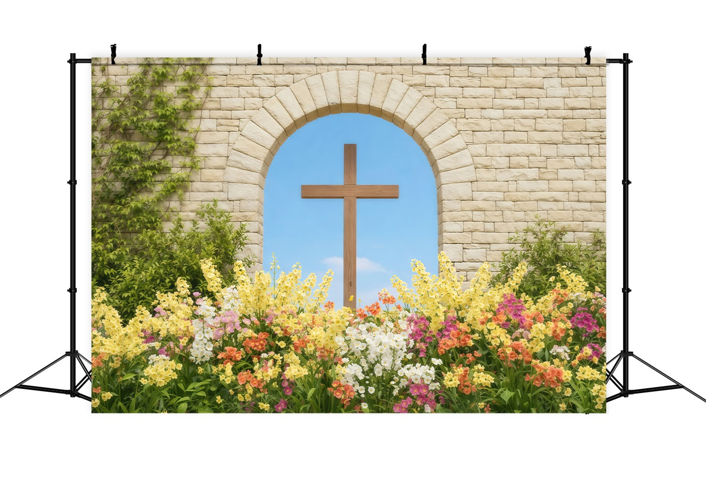 Easter Photo Backdrop Ideas For Church Stone Arch Cross Spring Garden Easter Picture Backdrop UK LXX62-54