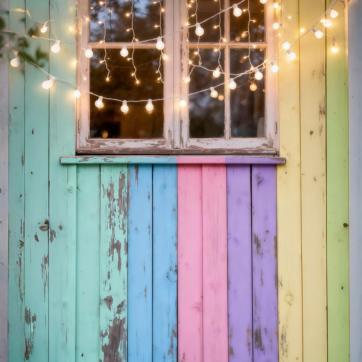 Easter Sunday Photo Backdrop Pastel Wooden Window Fairy Lights Easter Photography Backdrop UK LXX62-56