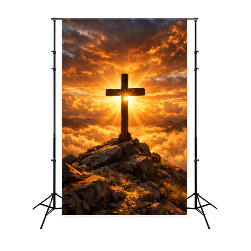 Religious Easter Backdrop Golden Radiant Cross Sunrise Easter Photography Backdrops For Sale UK LXX62-58