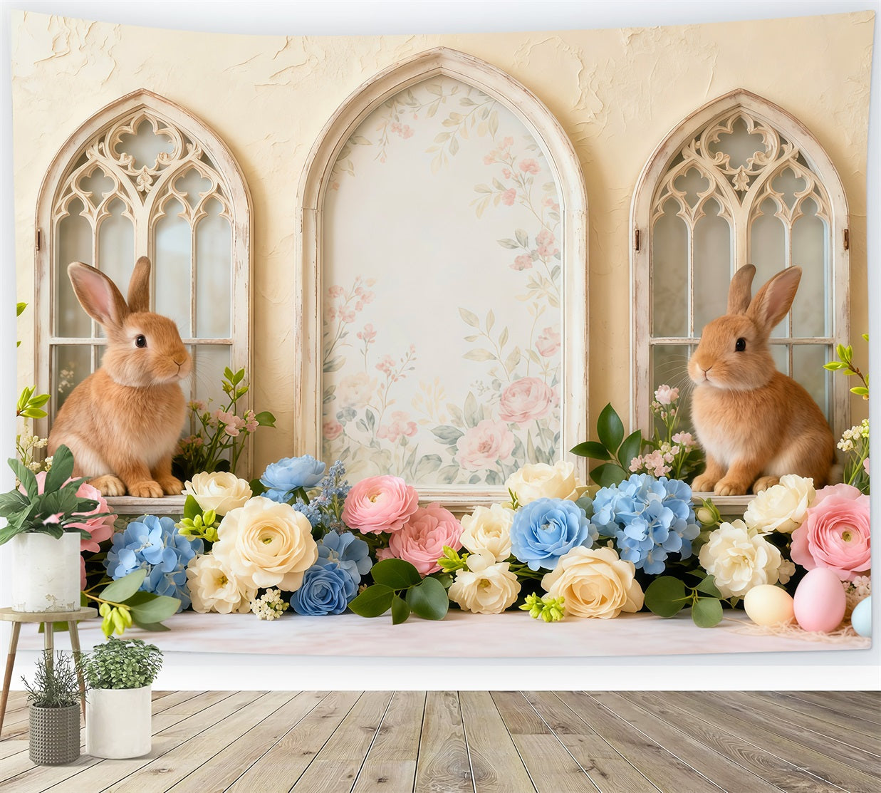 Easter Bunny Picture Backdrop Vintage Floral Arch Windows Backdrops For Easter Pictures UK LXX62-61