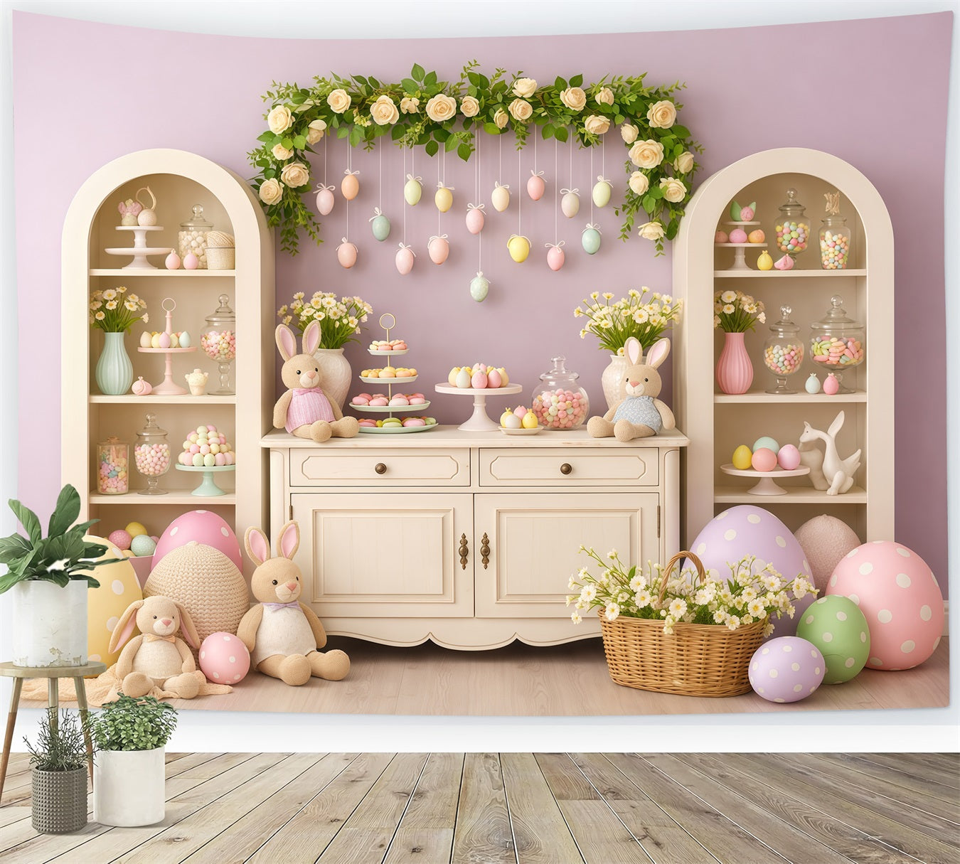 Cute Easter Backdrop Lavender Sweet Macaron Bunny Display Backdrop For Easter Pictures UK LXX62-63