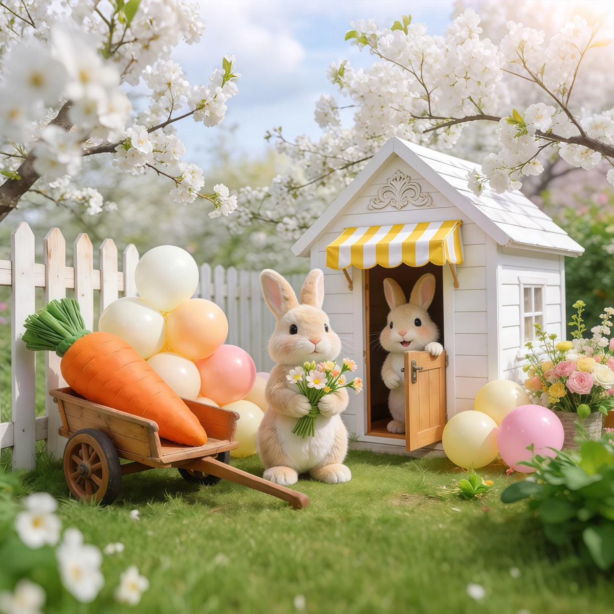 Easter Backdrop With Balloons Cherry Blossom Bunny Garden Cottage Easter Themed Backdrop UK LXX62-68