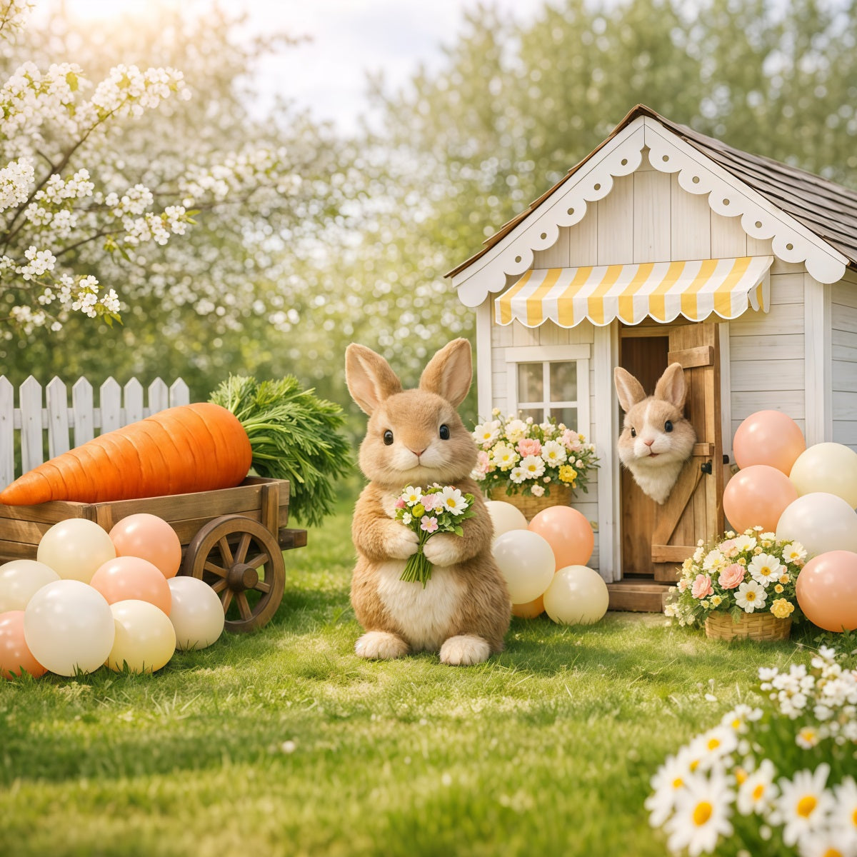 Easter Backdrop With Balloons Spring Bunny Carrot Cart Yard Easter Themed Backdrop UK LXX62-69