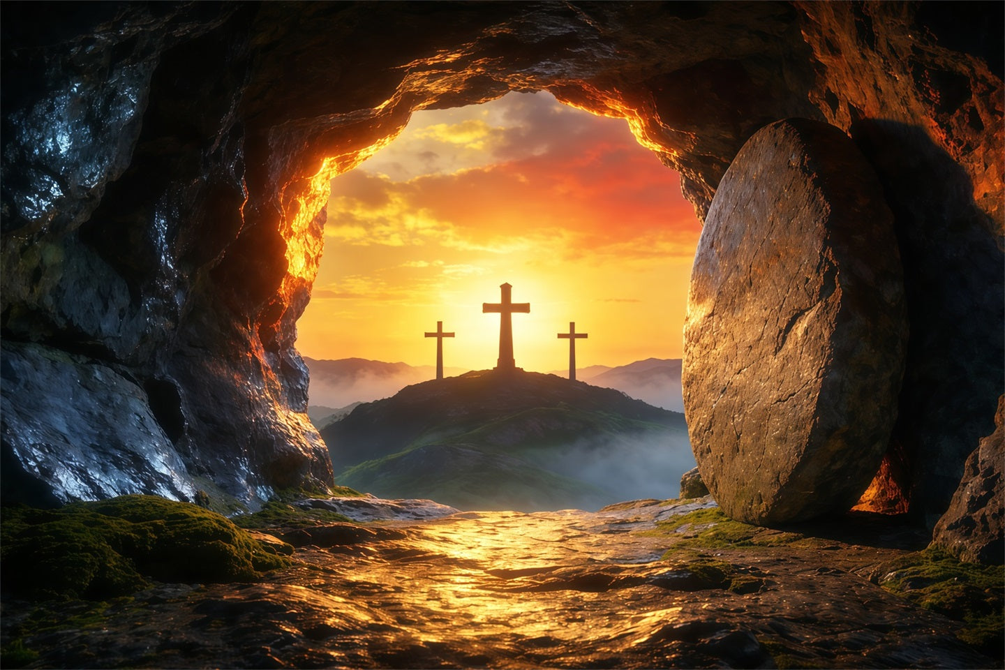 Easter Tomb Backdrops Sunrise Empty Cave Three Crosses Easter Backdrops Ideas UK LXX62-85