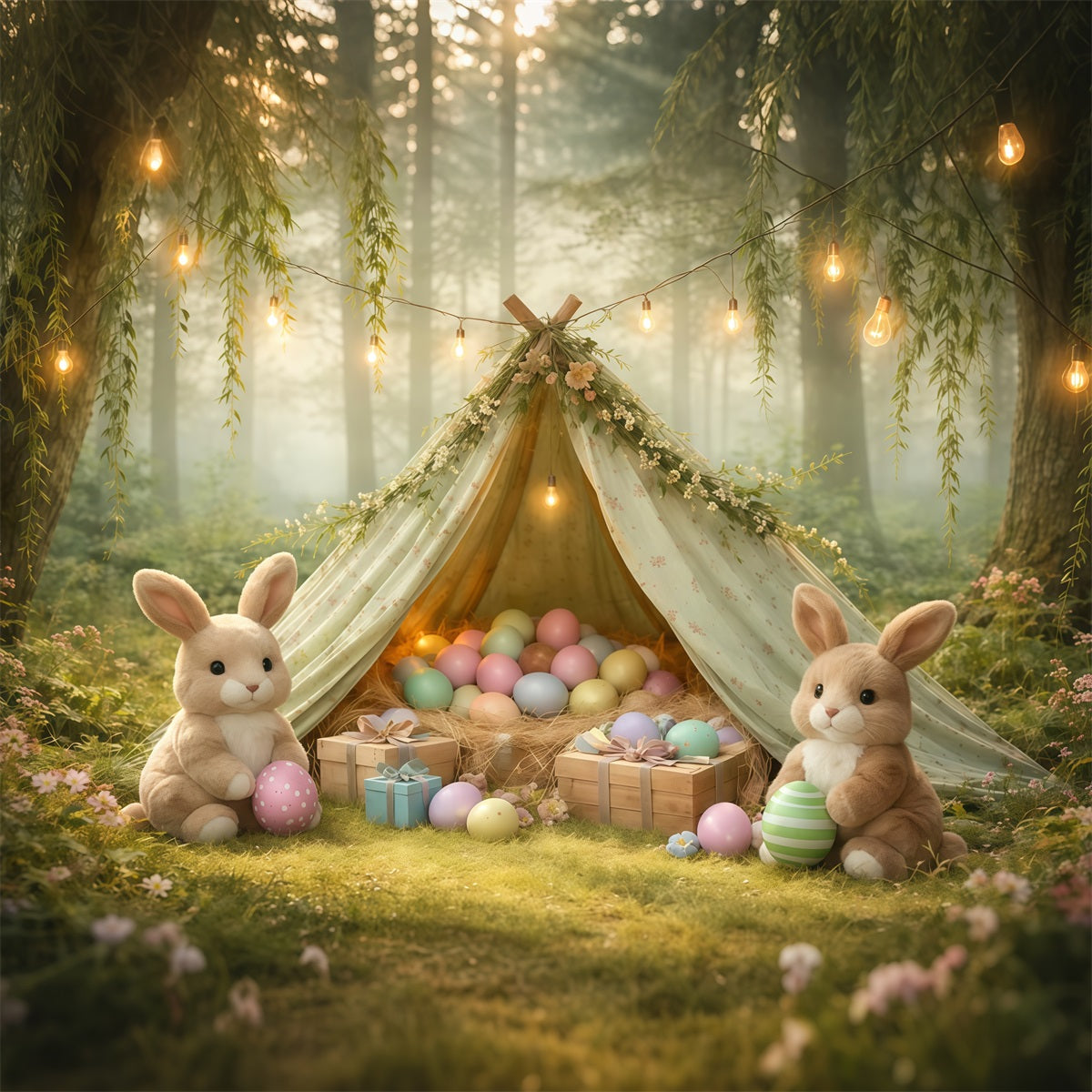 Bunny Backdrop Foggy Forest Willow Egg Teepee Easter Pictures Backdrop UK LXX62-90