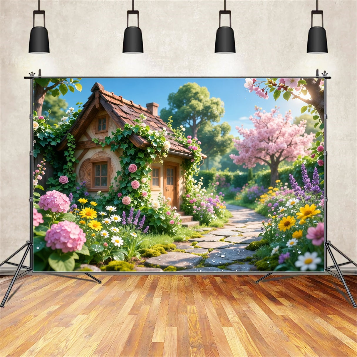 Romantic Cottage Mother's Day Backdrop Charming Bloom Stone Path Happy Mothers Day Backdrop UK LXX63-16