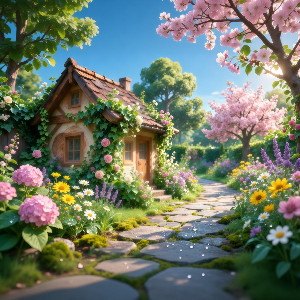 Romantic Cottage Mother's Day Backdrop Charming Bloom Stone Path Happy Mothers Day Backdrop UK LXX63-16