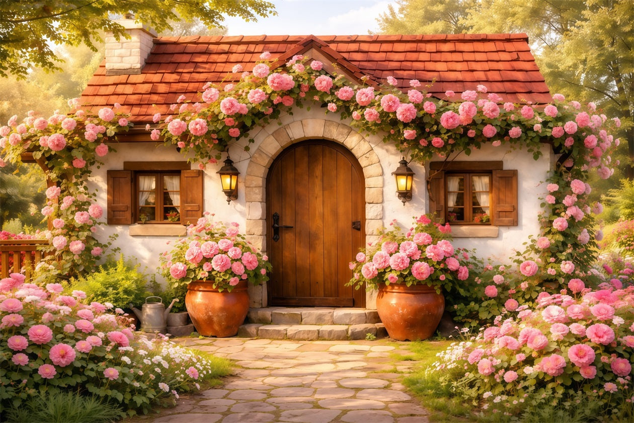Romantic Cottage Mother's Day Backdrop Rustic Door Rose Bloom Happy Mothers Day Backdrop UK LXX63-17