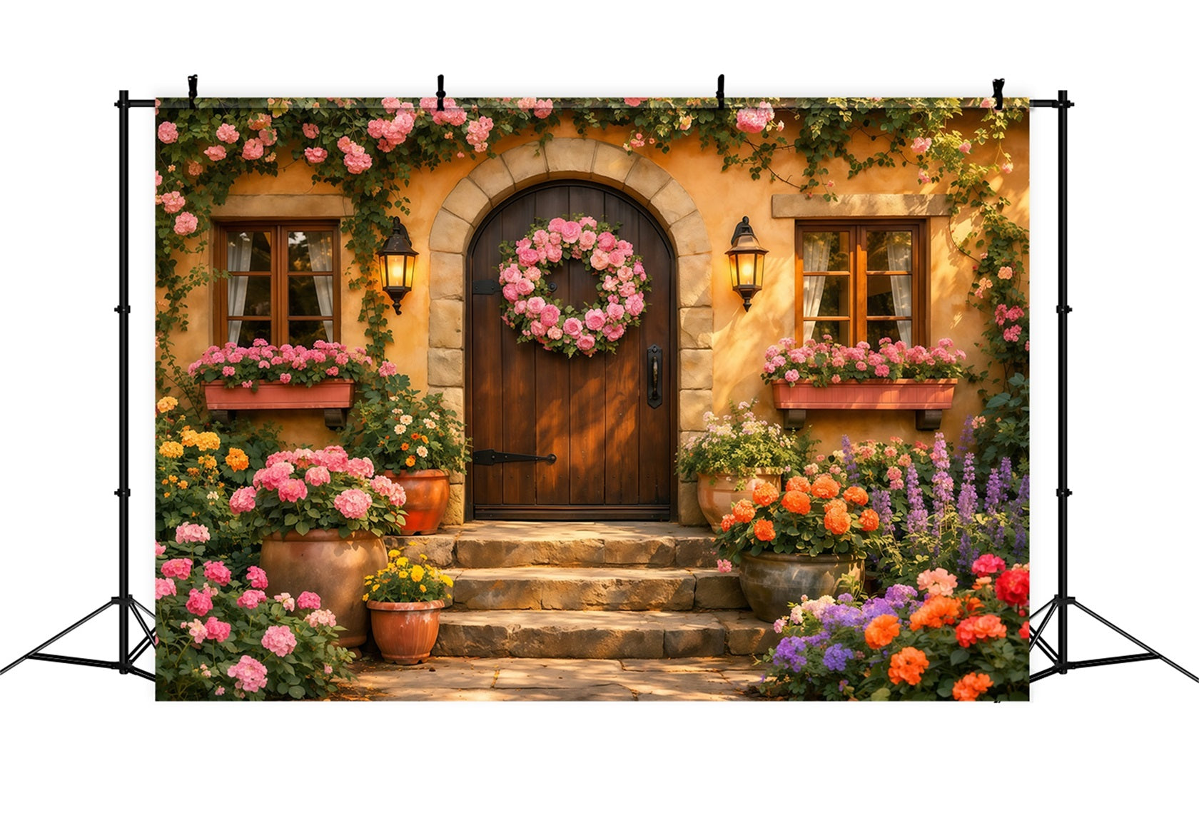 Romantic Cottage Mother's Day Backdrop Floral Wreath Door Lantern Happy Mothers Day Backdrop UK LXX63-18