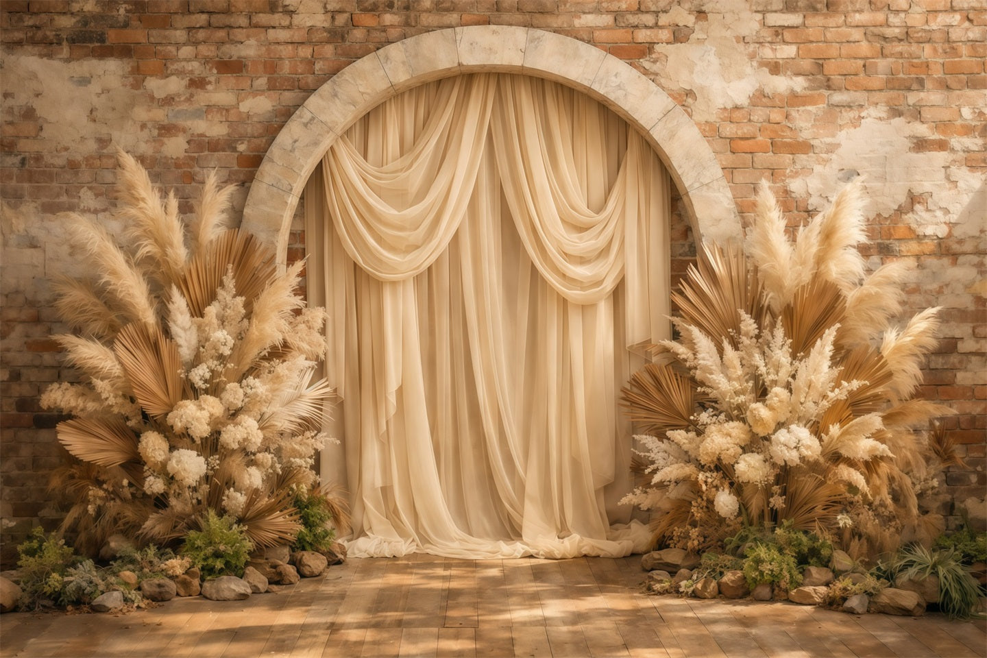 Floral Arch Mother's Day Backdrop Rustic Brick Wall Boho Pampas Mothers Day Backdrop Ideas UK LXX63-22