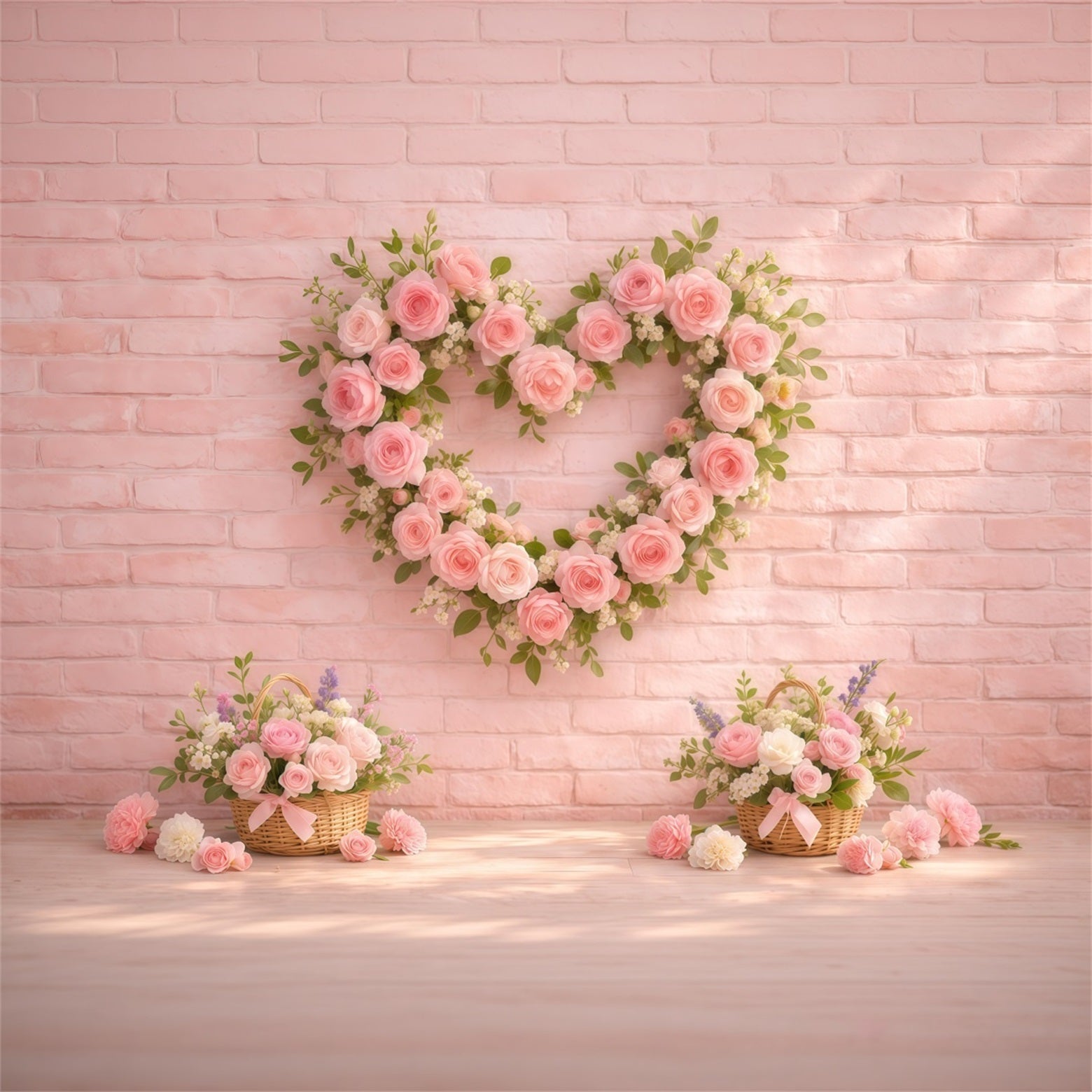 Pink Brick Wall Mother's Day Backdrop Rose Heart Wreath Basket Mother's Day Photo Backdrop Ideas UK LXX63-23