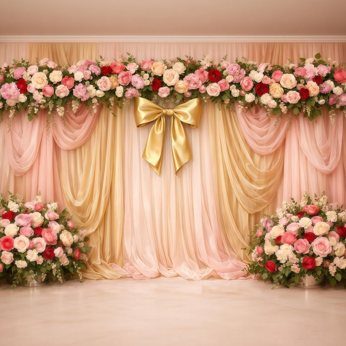Pink Gold Romance Mother's Day Backdrop Pink Gold Draped Floral Bow Backdrops For Mother's Day UK LXX63-29