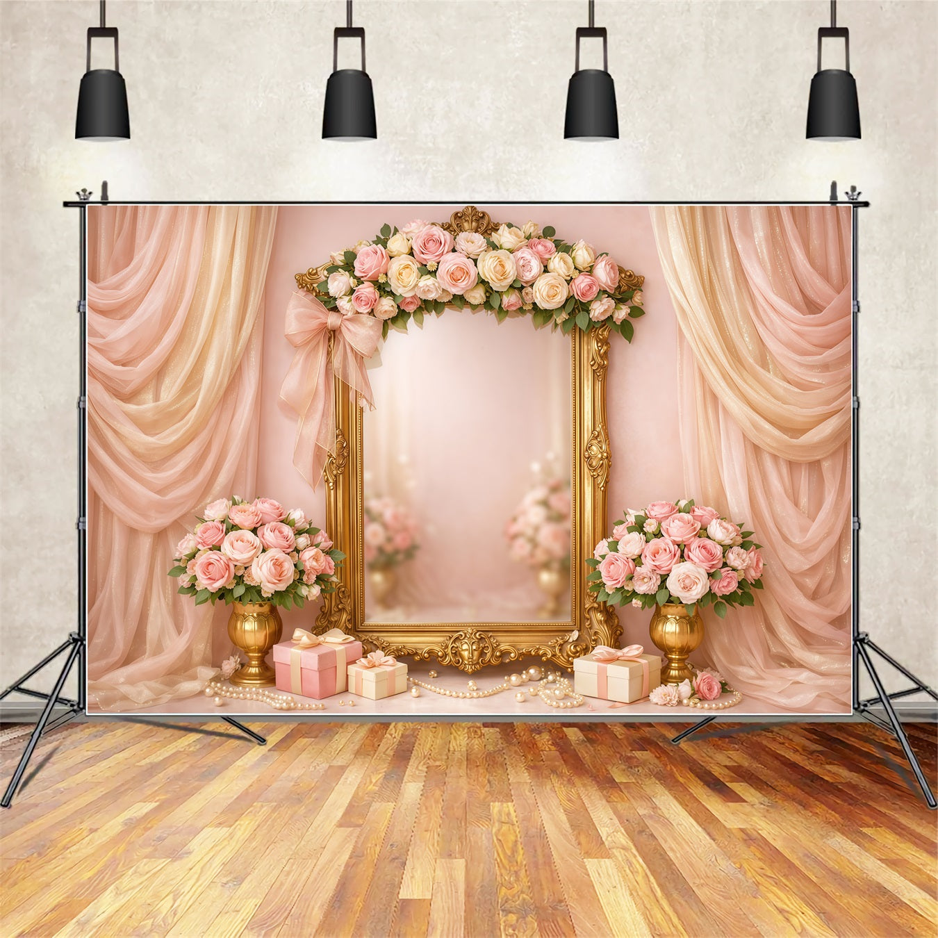 Pink Gold Romance Mother's Day Backdrop Luxury Frame Floral Gift Backdrops For Mother's Day UK LXX63-31