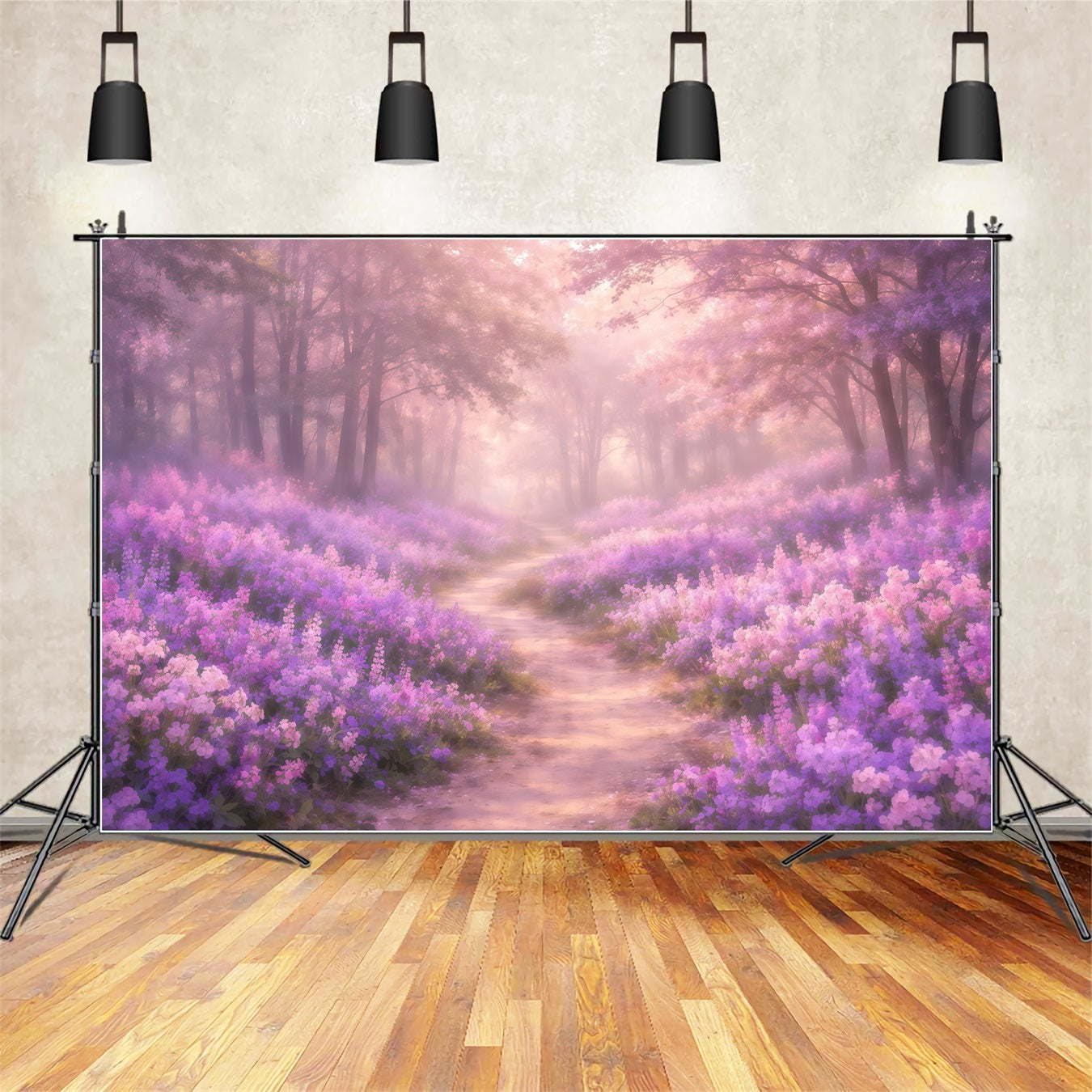 Dreamy Soft Focus Mother's Day Backdrop Purple Blossom Forest Pathway Mother's Day Photo Backdrops UK LXX63-33