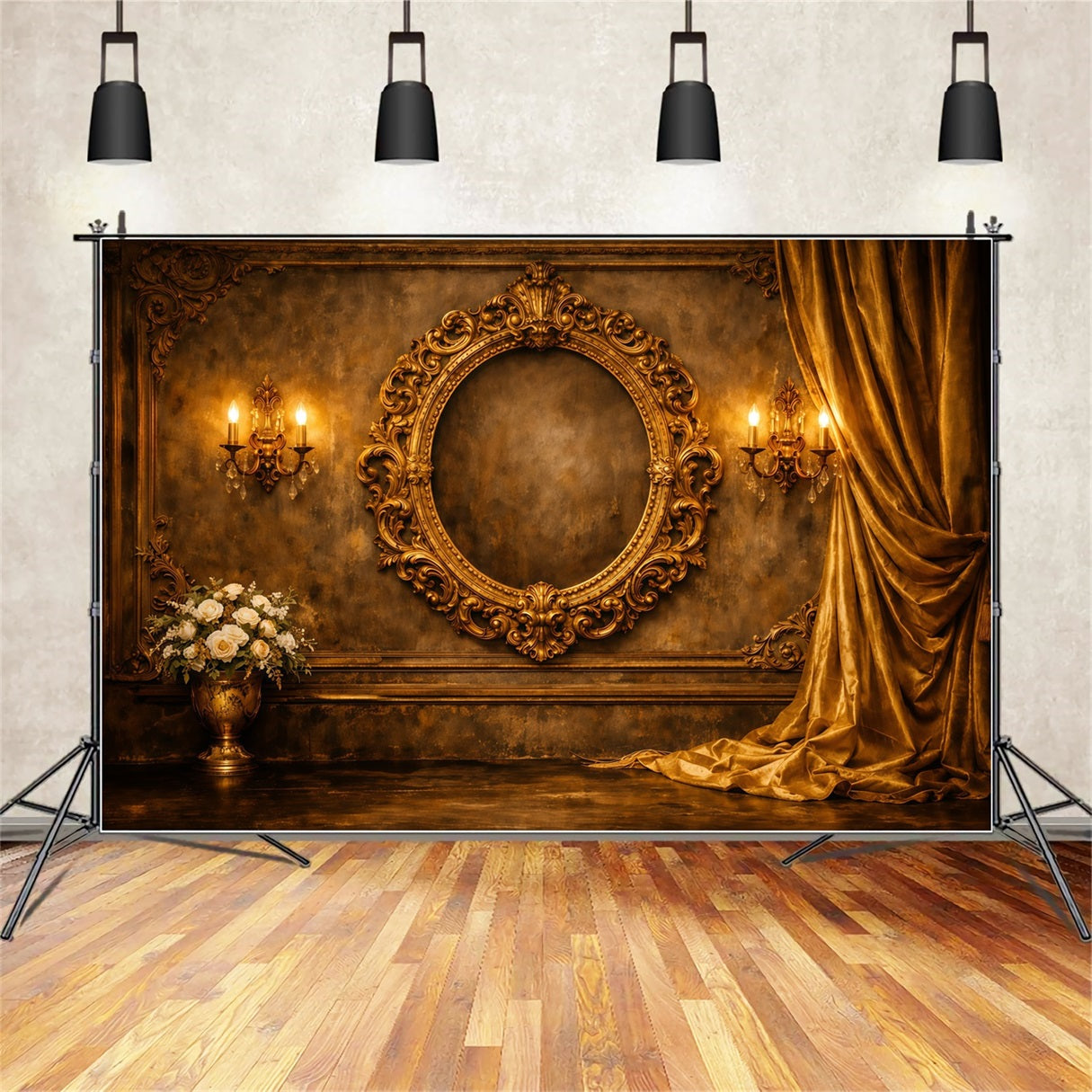 Pastel Retro Mother's Day Backdrop Gold Ornate Frame Velvet Drapes Mothers Day Photo Backdrops UK LXX63-40