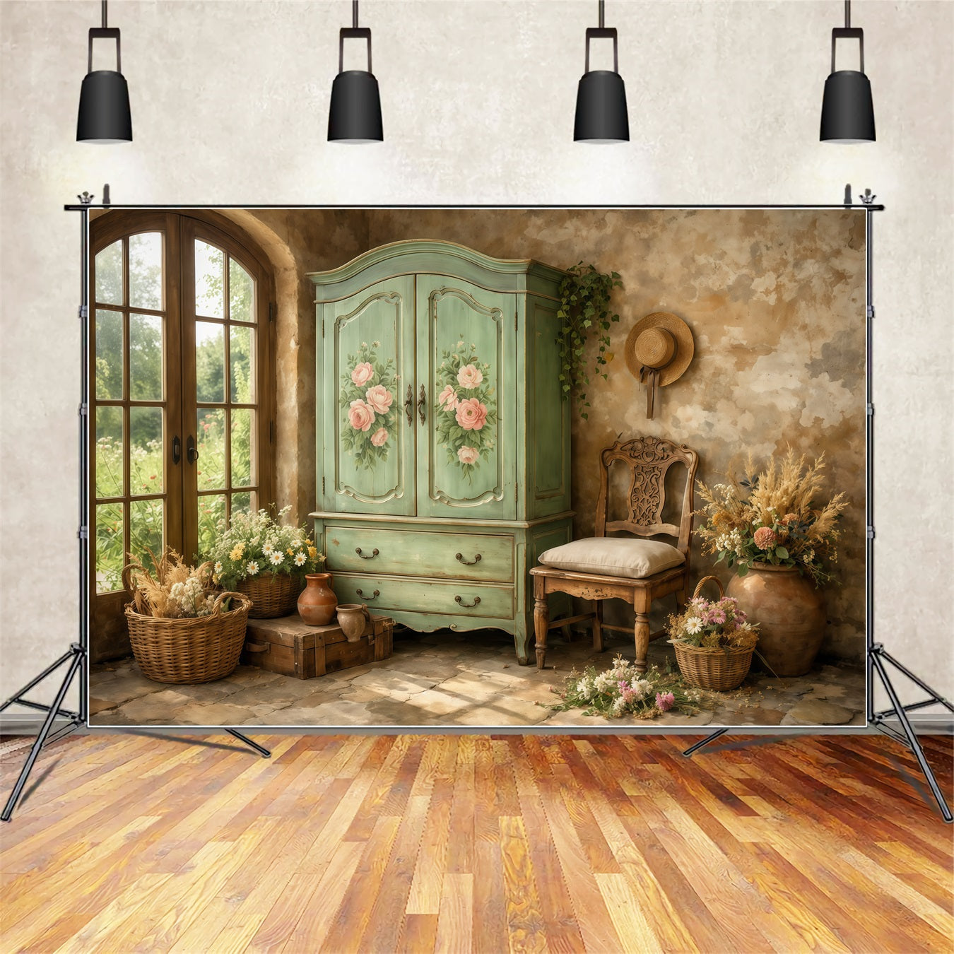 Farmhouse Chic Mother's Day Backdrop Vintage Mint Wardrobe Interior Mother's Day Picture Backdrop UK LXX63-41