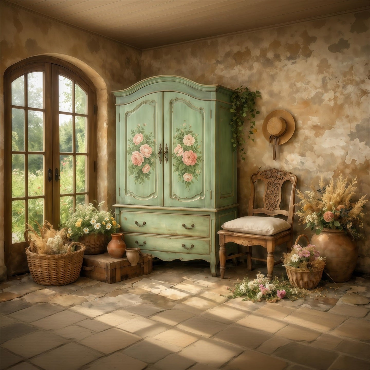 Farmhouse Chic Mother's Day Backdrop Vintage Mint Wardrobe Interior Mother's Day Picture Backdrop UK LXX63-41