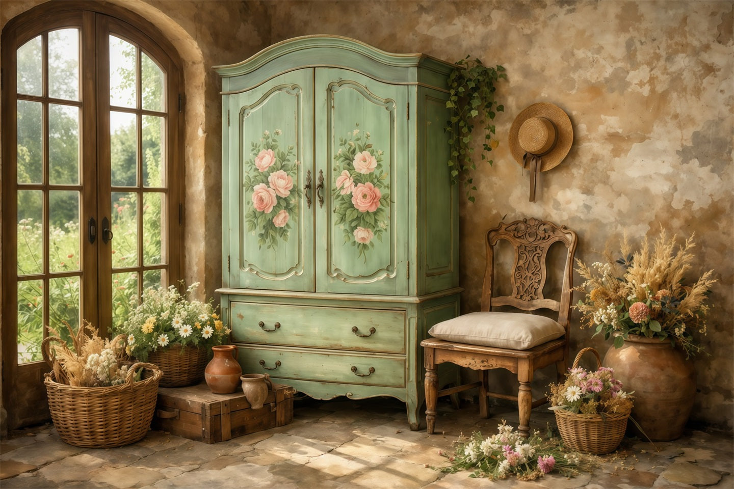 Farmhouse Chic Mother's Day Backdrop Vintage Mint Wardrobe Interior Mother's Day Picture Backdrop UK LXX63-41