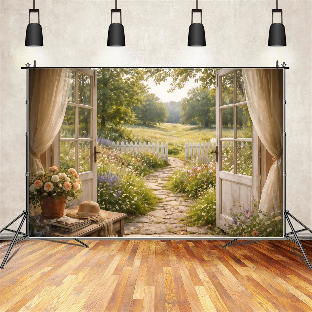 Farmhouse Chic Mother's Day Backdrop Sunlit Path Open Window View Mother's Day Picture Backdrop UK LXX63-42