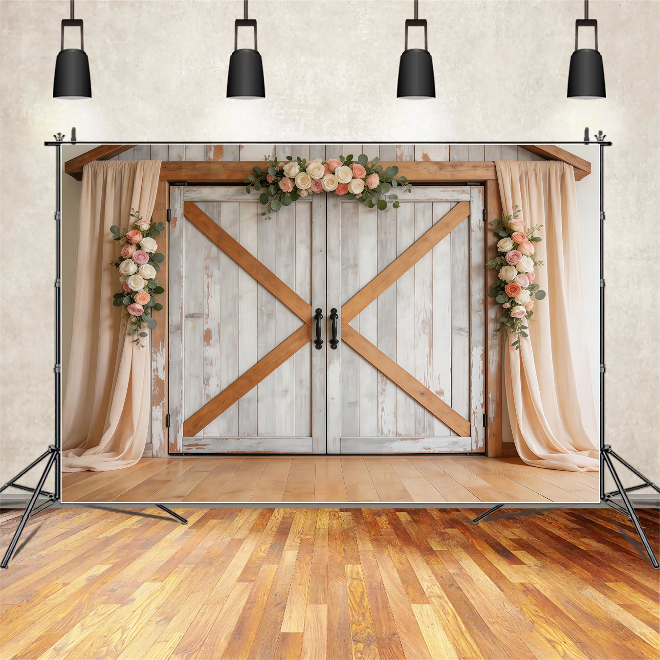 Farmhouse Chic Mother's Day Backdrop Rustic White Wooden Barn Door Mother's Day Picture Backdrop UK LXX63-43