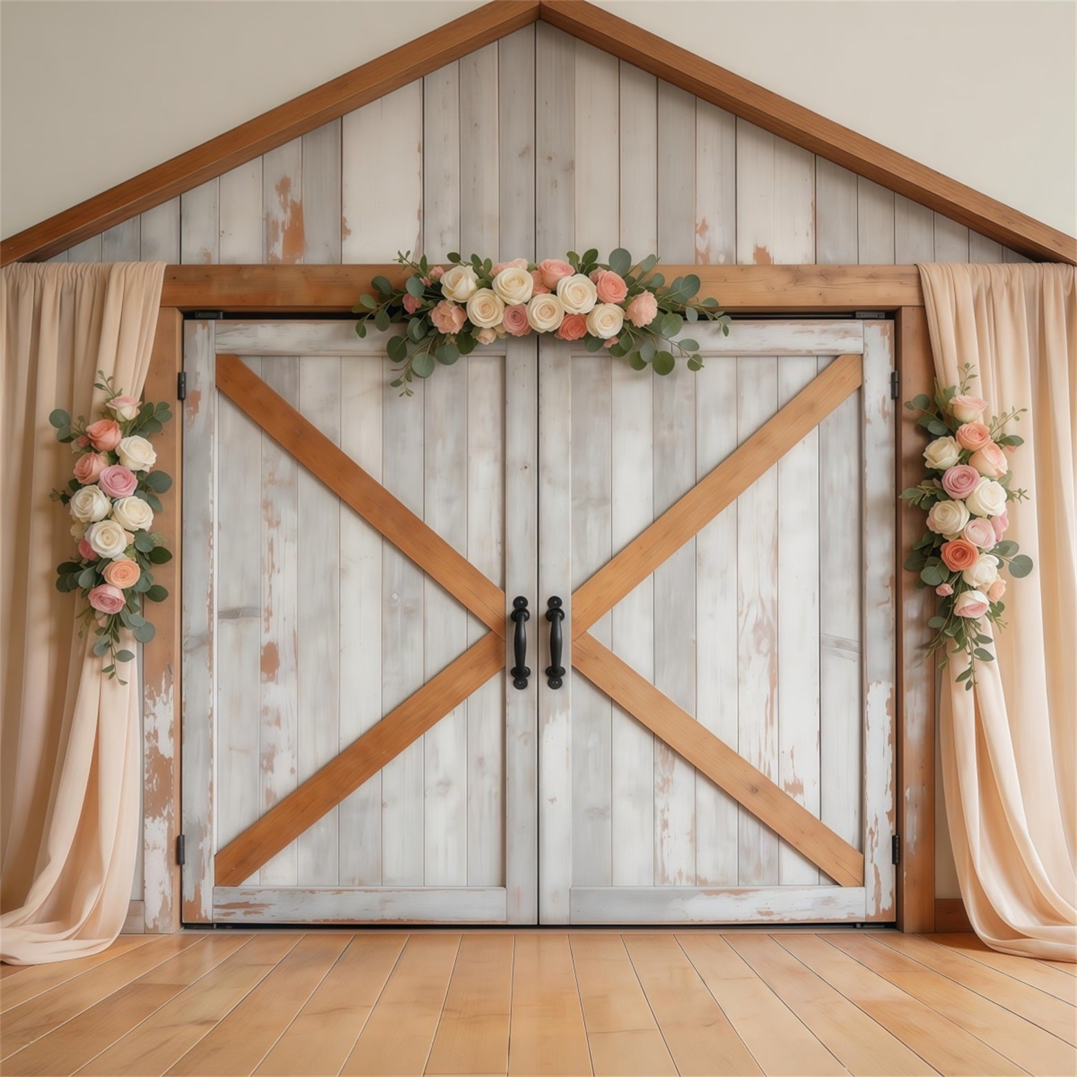 Farmhouse Chic Mother's Day Backdrop Rustic White Wooden Barn Door Mother's Day Picture Backdrop UK LXX63-43