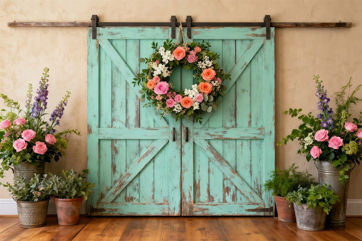 Farmhouse Chic Mother's Day Backdrop Distressed Teal Barn Door Wreath Mother's Day Picture Backdrop UK LXX63-44