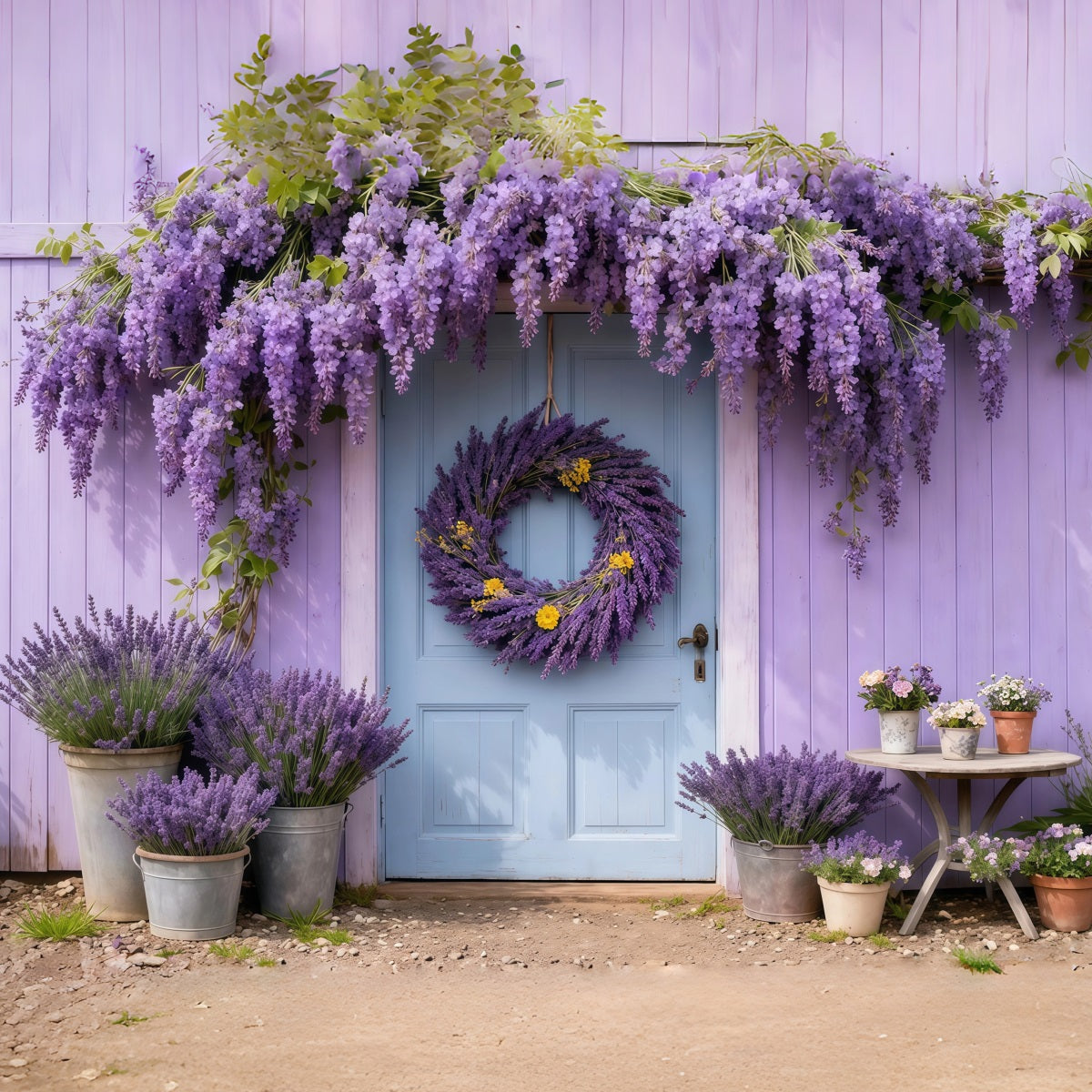 Lavender Bouquet Mother's Day Backdrop Purple Floral Wreath Blue Door Backdrop Mothers Day UK LXX63-45