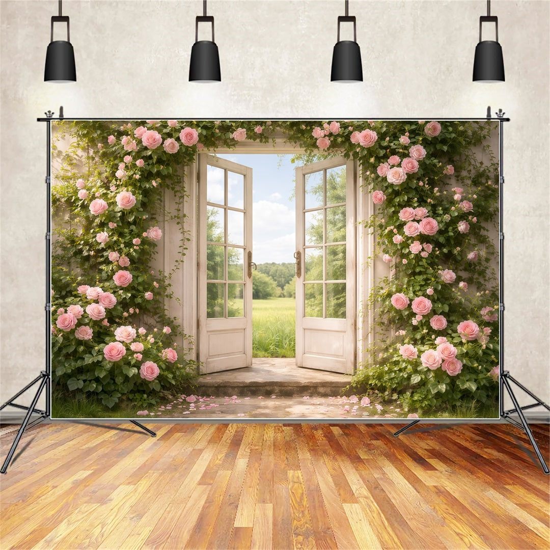Mother's Day Portrait Backdrop Romantic Door Pink Rose Archway Mother's Day Backdrop UK LXX63-5