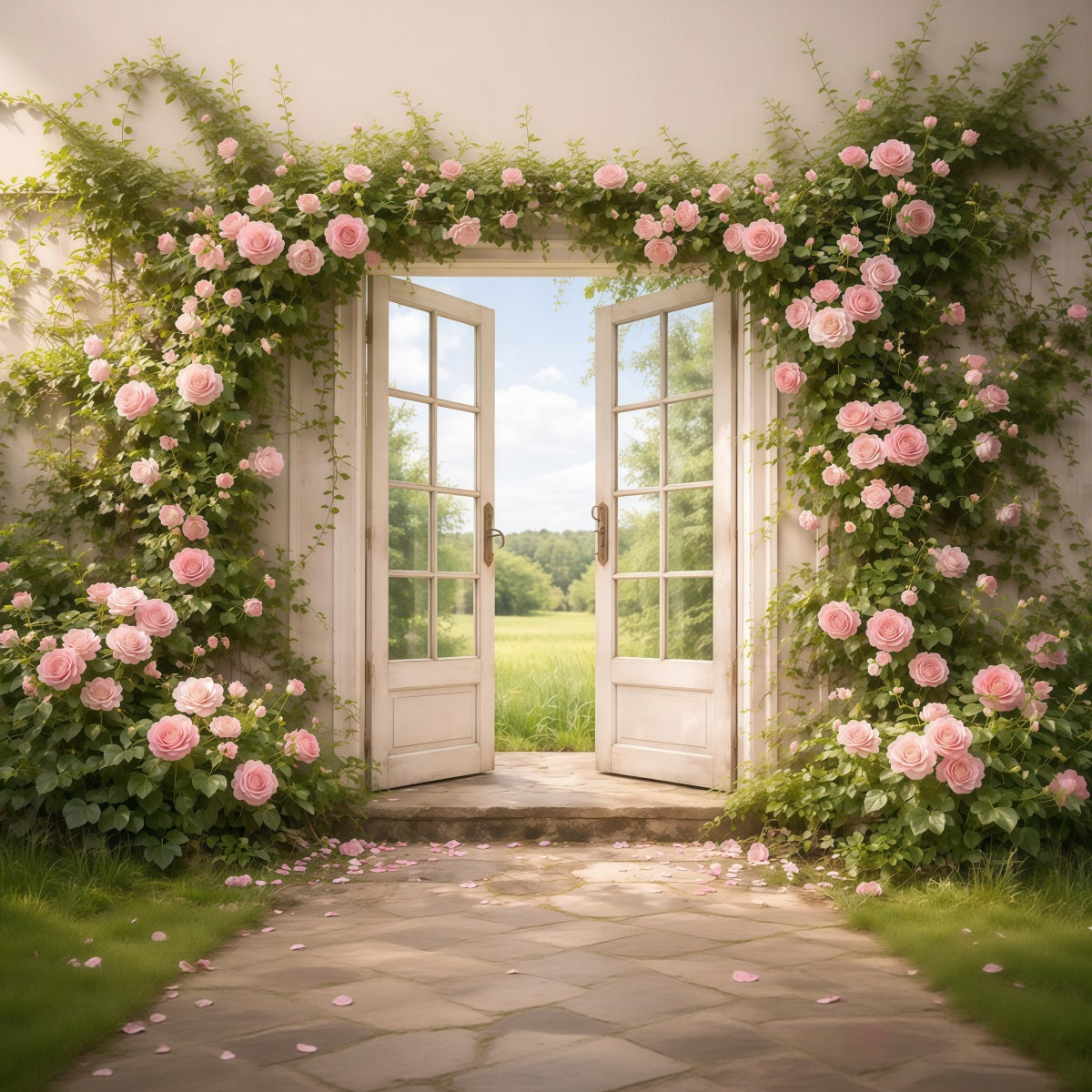 Mother's Day Portrait Backdrop Romantic Door Pink Rose Archway Mother's Day Backdrop UK LXX63-5
