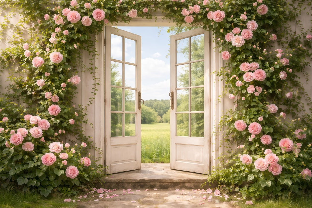 Mother's Day Portrait Backdrop Romantic Door Pink Rose Archway Mother's Day Backdrop UK LXX63-5