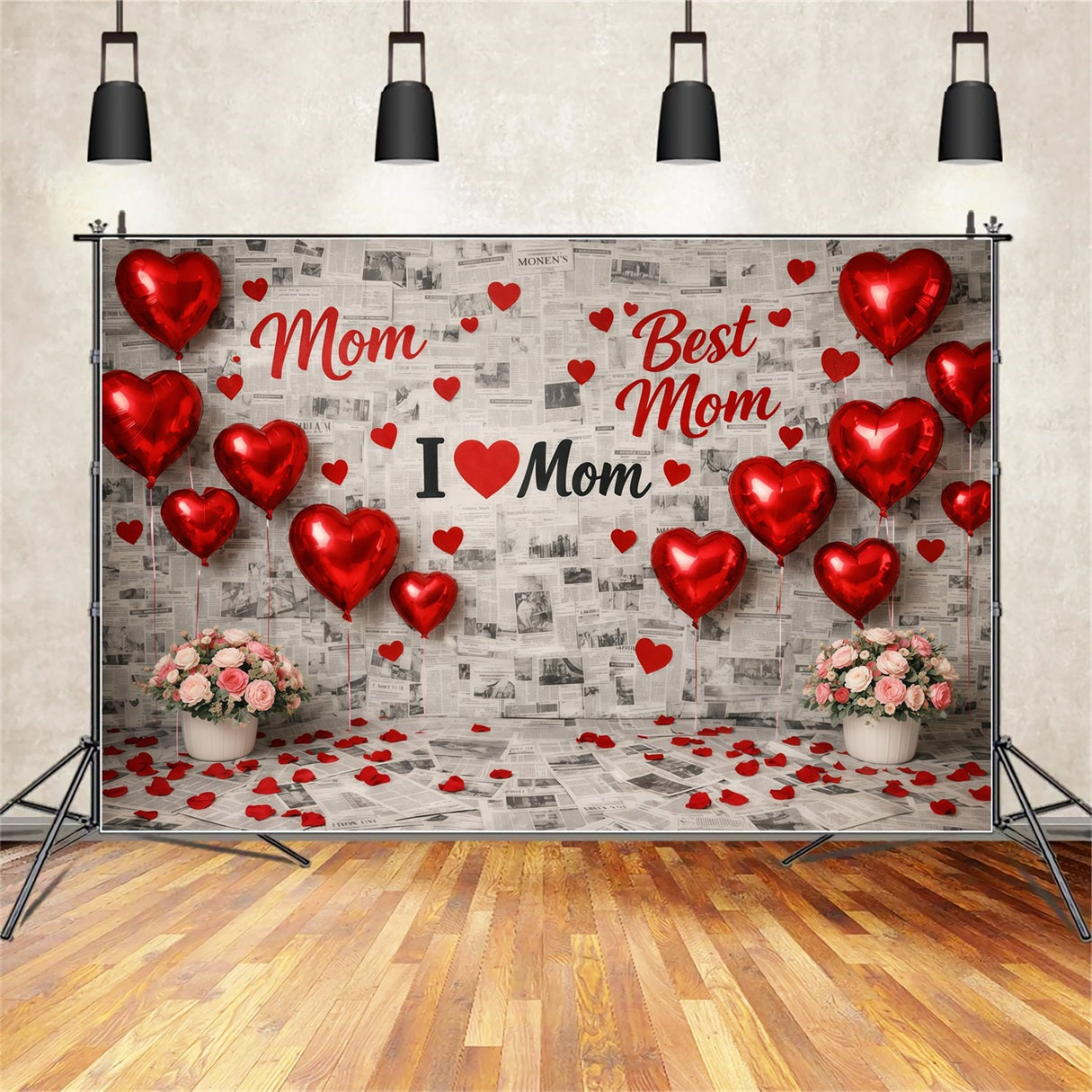 Mother's Day Backdrop For School Red Heart Balloon Newspaper Collage Happy Mothers Day Backdrops UK LXX63-53