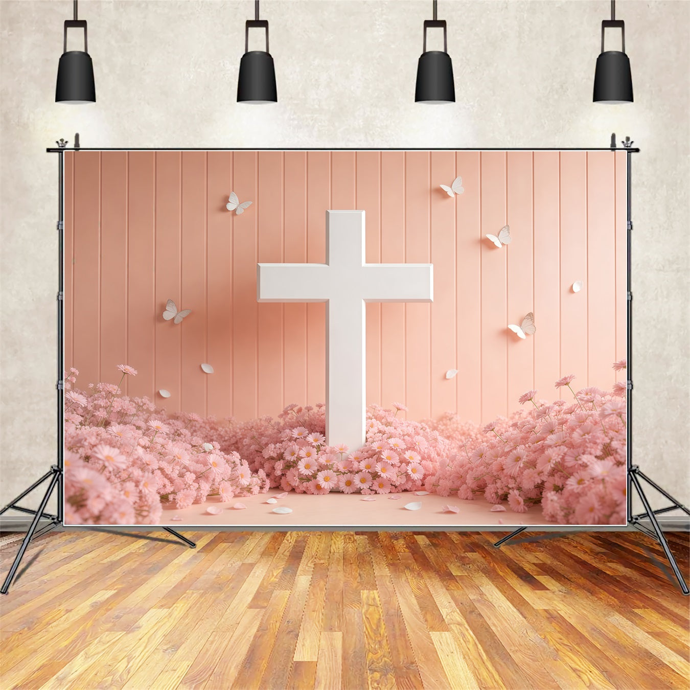 Mother's Day Backdrop Church White Cross Pink Daisy Butterfly Mother Day Photo Backdrops UK LXX63-54