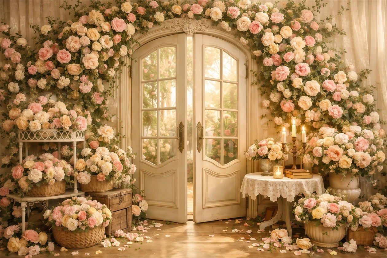 Mother's Day Backdrop With Flowers Romantic Floral Door Candle Vintage Backdrop Mother Day UK LXX63-55