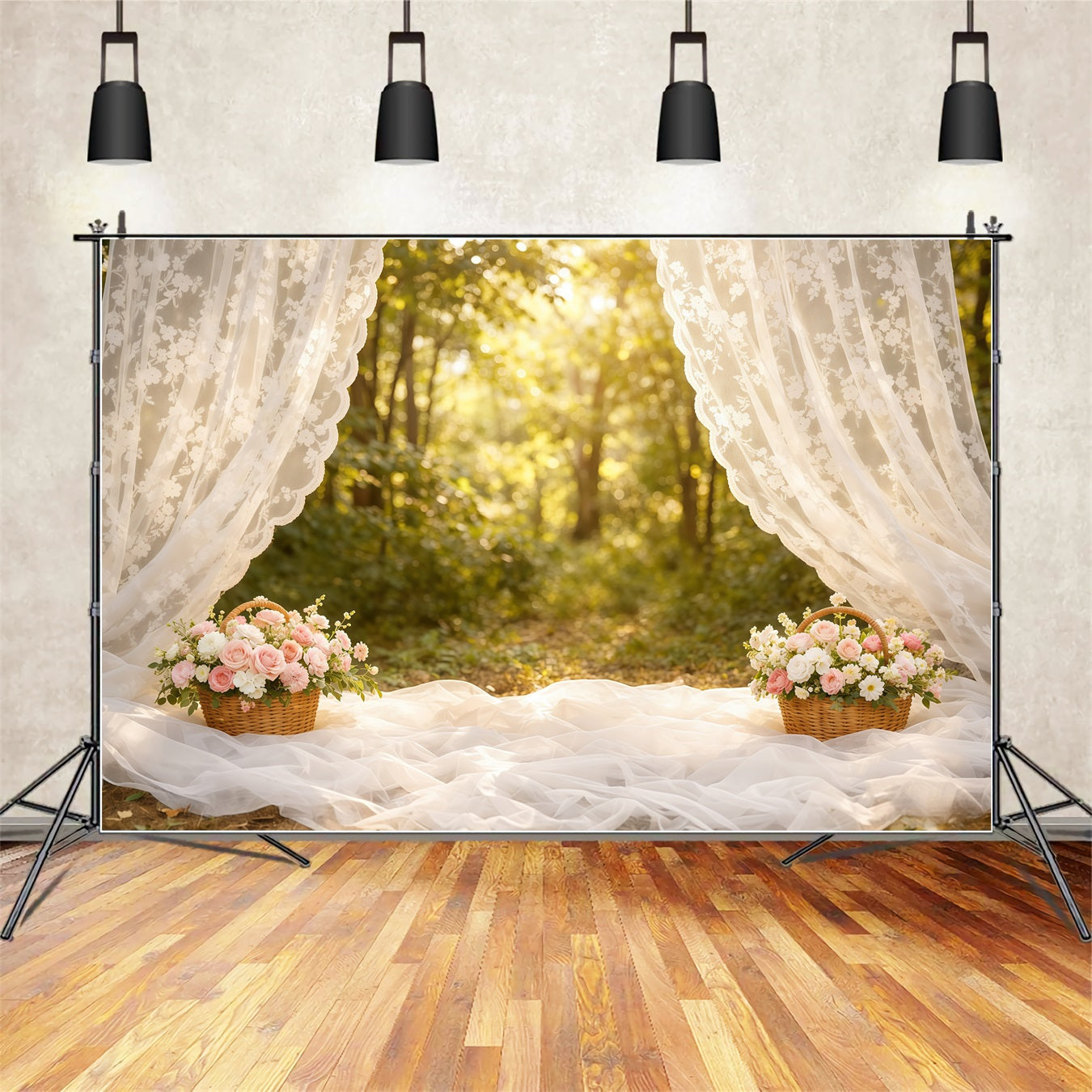 Mother's Day Portrait Backdrop Soft Lace Curtain Forest Mother's Day Backdrop UK LXX63-6